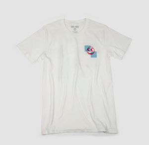 White unisex t-shirt with white and blue checkered left breast detail with red vern smiley overlay.