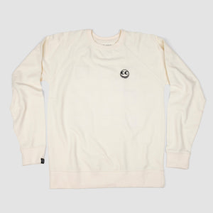 Front shot of bone white adult unisex premium crew sweatshirt with black Vern smiley overlay on left breast.