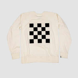 Back shot of bone white adult unisex premium crew sweatshirt with black and bone checkered patch.