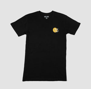 Front shot of black adult unisex t-shirt with left breast yellow circle detail and white off-centered Vern smiley face. 