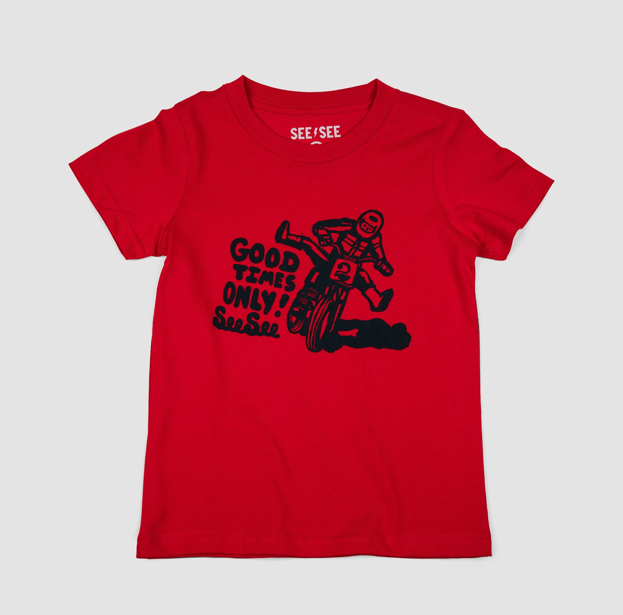 Front shot of primary red children's unisex t-shirt with black illustration of a motorcyclist. Text to the left of the motorist reads, Good times only! See See.