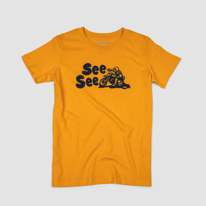 Front shot of primary yellow children's unisex t-shirt with black illustration of a motorcyclist. Text to the left of the motorist reads, See See.