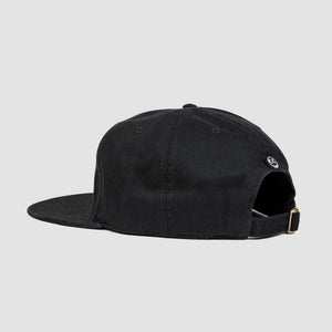Back angle shot of black cotton unisex 5-panel hat with adjustable buckle closure.